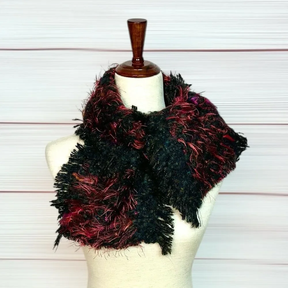NWOT Mohair Scarf Zazou Luxe Black Burgundy Soft Fancy Yarn made in France